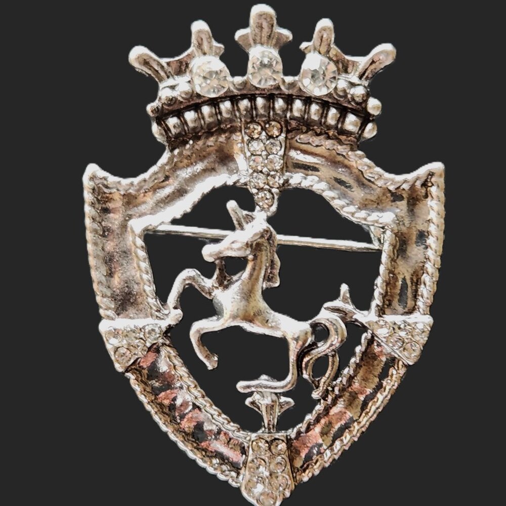 SILVER SHIELD w REARING HORSE PIN New in Package by ORNAMENTS